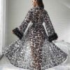 cheetah print stylish net gown with feather lace on sleeves
