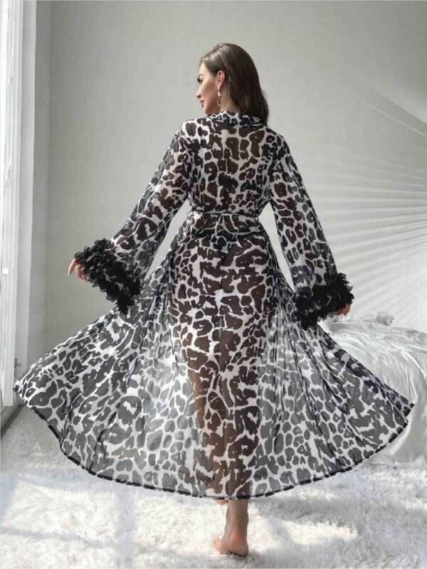cheetah print stylish net gown with feather lace on sleeves