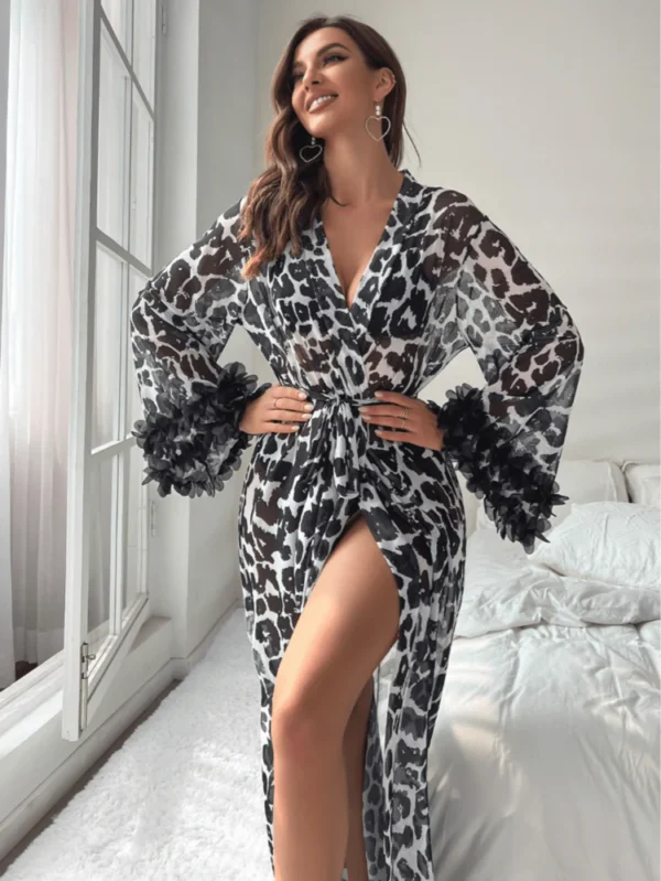 cheetah print stylish net gown with feather lace on sleeves